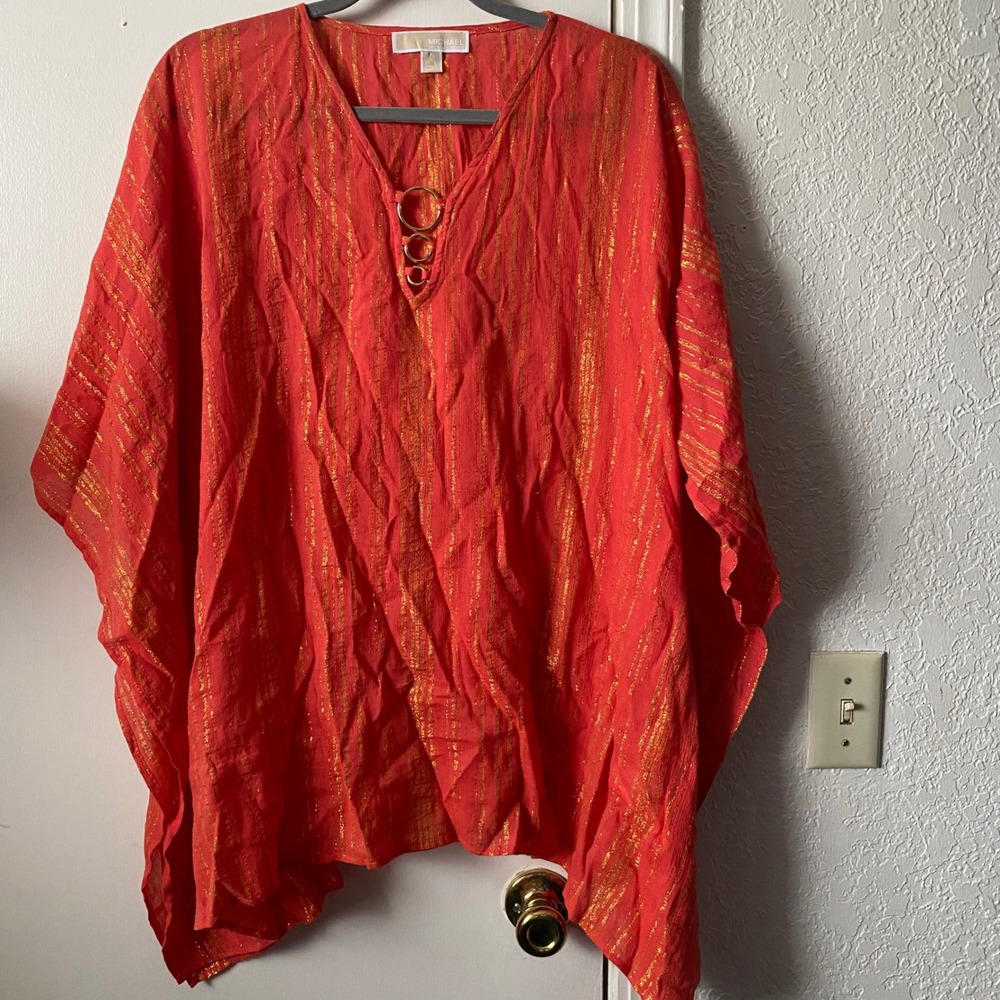 Michael Michael Kors Kaftan Top Orange Red Gold Metallic Stripe Ring Detail L/XL